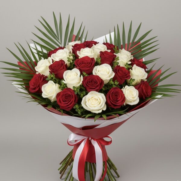 Buchet 25 Trandafiri Alb-Roșu