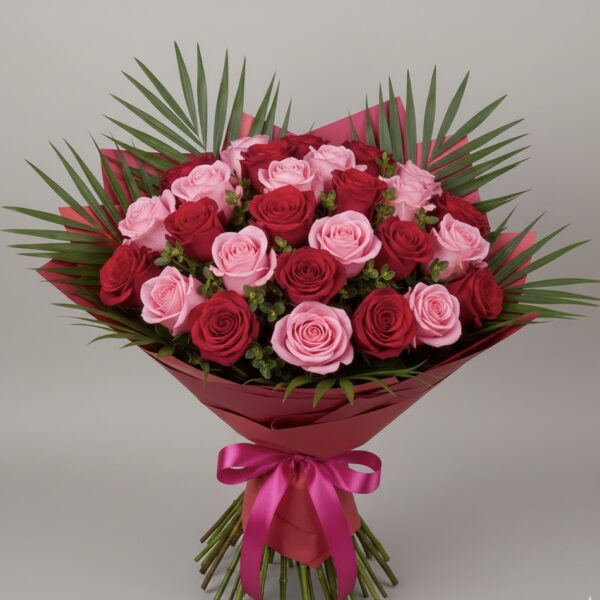 Trandafiri rosii si roz - buchet 25 fire