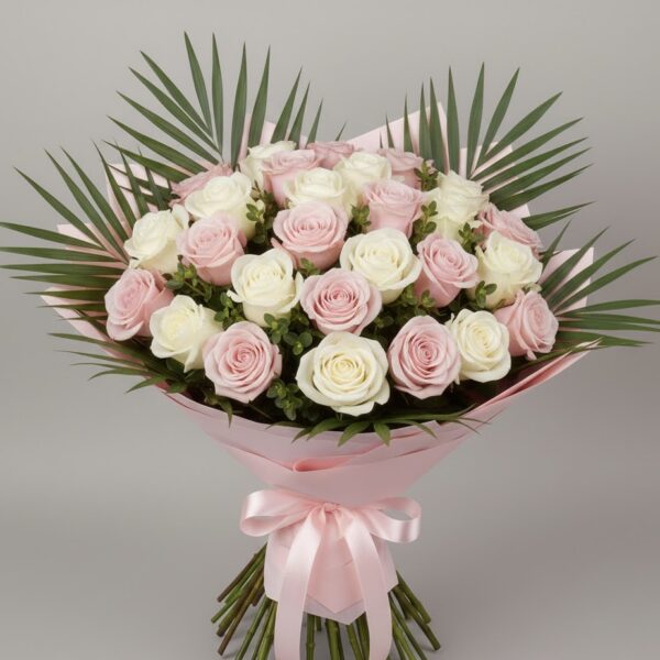 Trandafiri albi cu roz - buchet 25 fire